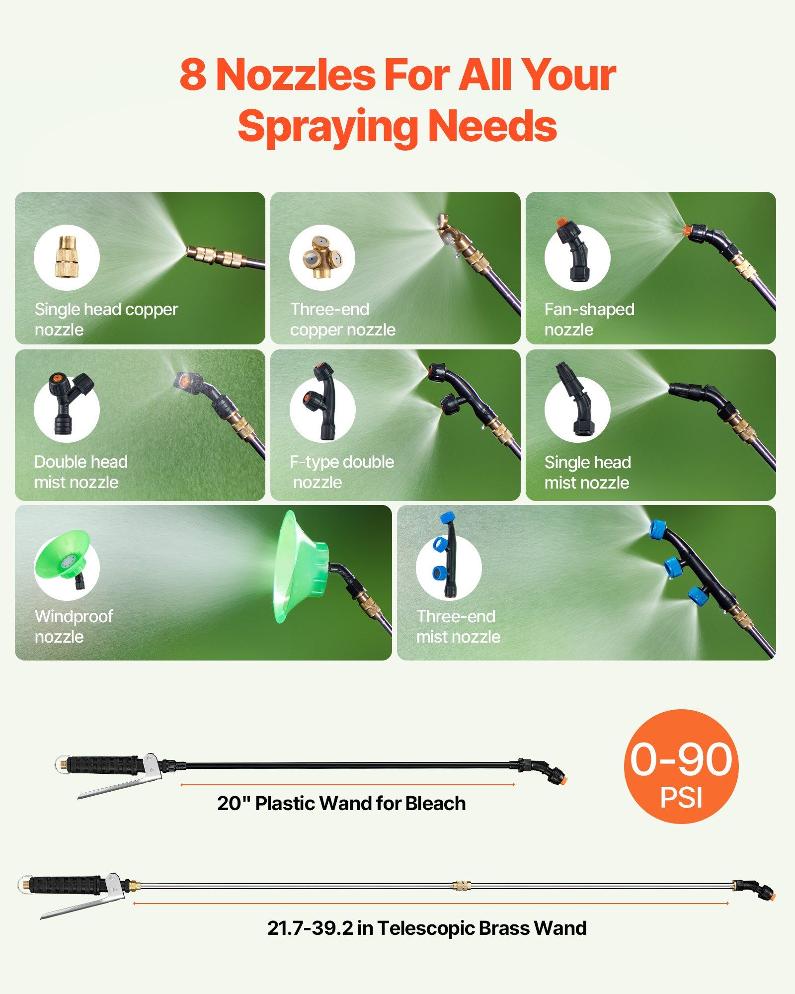 VEVOR gazonsproeier met wielen, instelbare druk 0-90 PSI, 60L tanksproeier met 8 sproeikoppen, 2 staven, breed openend deksel voor tuin, onkruid wieden, sproeien