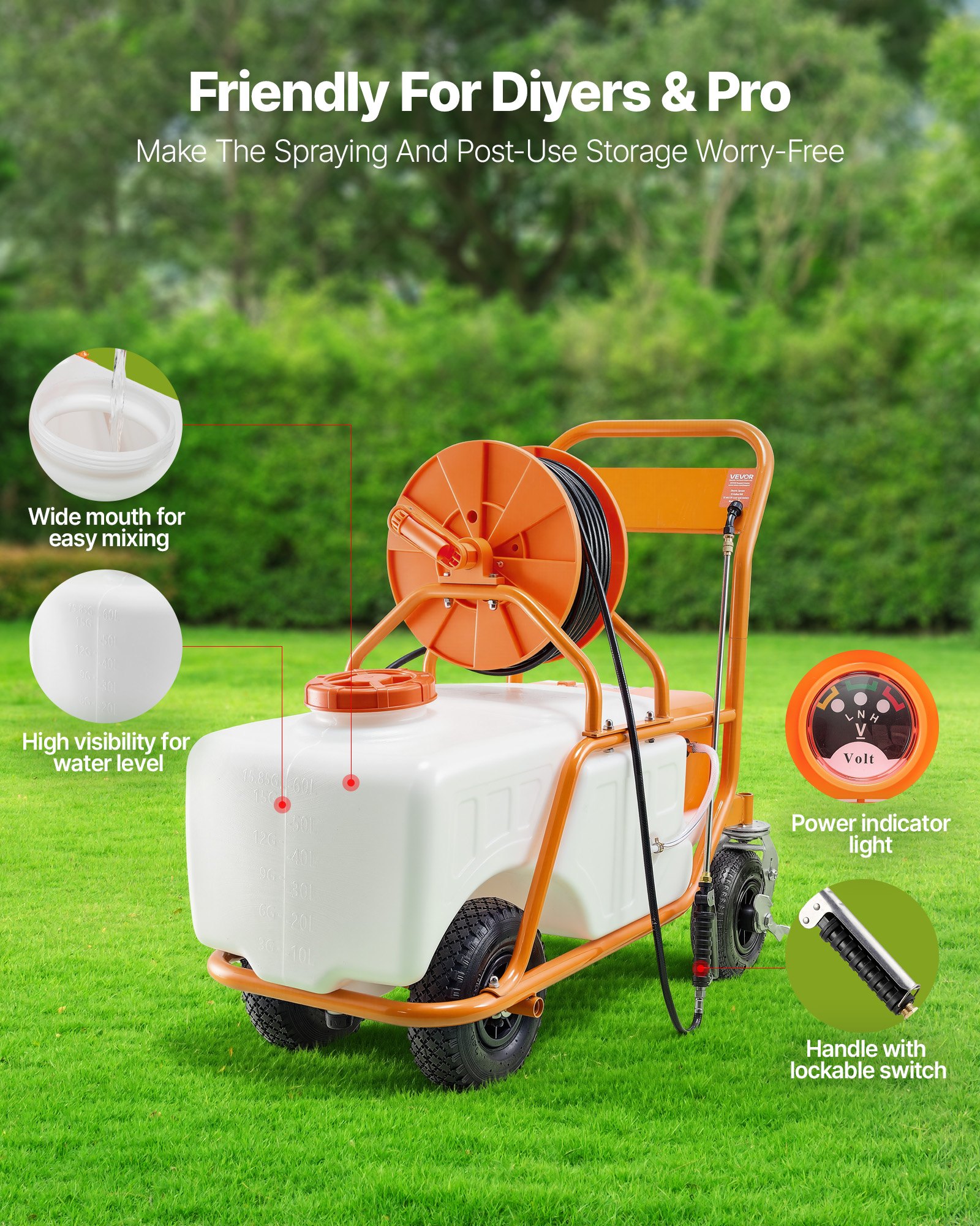 VEVOR gazonsproeier met wielen, instelbare druk 0-90 PSI, 60L tanksproeier met 8 sproeikoppen, 2 staven, breed openend deksel voor tuin, onkruid wieden, sproeien