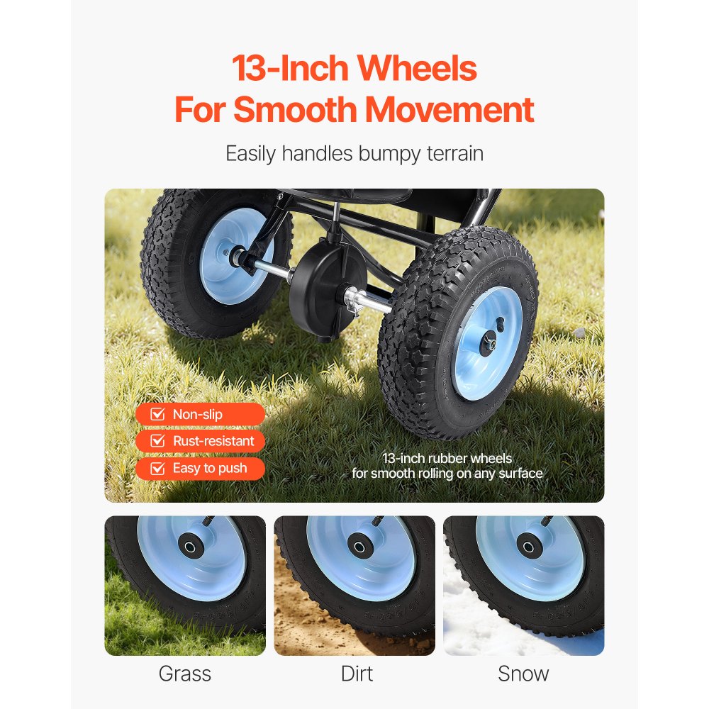 VEVOR Zaadstrooier, 45 kg, Zaadstrooier, Strooibreedte 0-3 m, Kunstmeststrooier met 33 cm All-Terrain Luchtbanden, Centrifugaalstrooier met Trechterrooster, voor Zaad, Kunstmest, Zout, IJsdooier