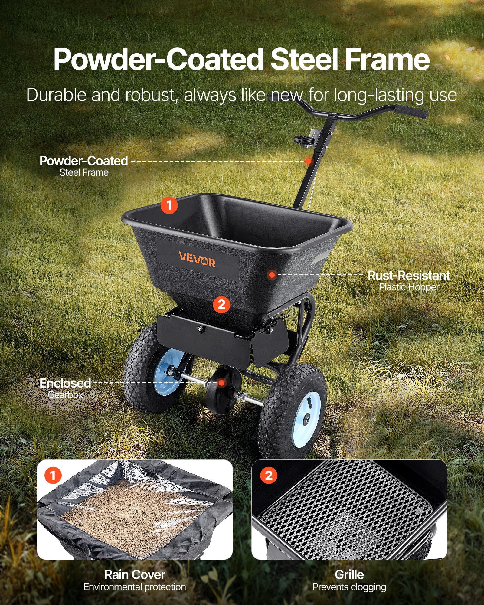 VEVOR Zaadstrooier, 45 kg, Zaadstrooier, Strooibreedte 0-3 m, Kunstmeststrooier met 33 cm All-Terrain Luchtbanden, Centrifugaalstrooier met Trechterrooster, voor Zaad, Kunstmest, Zout, IJsdooier