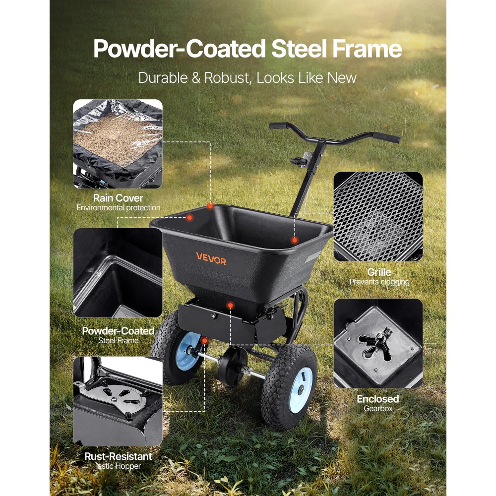 VEVOR Lawn Spreader, 100LBS Capacity, Walk-Behind Push Spreader, 0-9.8ft Spreading Width, 13 in All Terrain Pneumatic Tires, Fertilizer Spreaders with Hopper Grate, for Seed Salt Ice Melt