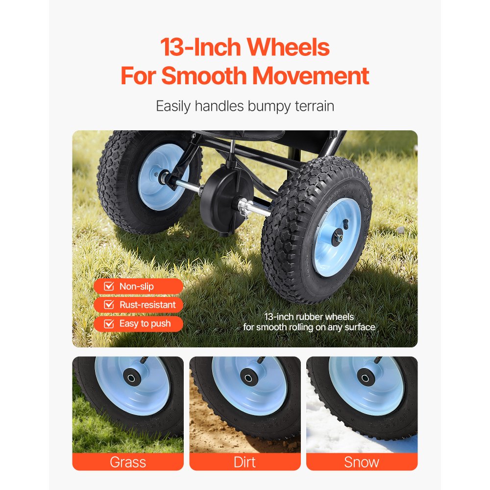 VEVOR Lawn Spreader, 100LBS Capacity, Walk-Behind Push Spreader, 0-9.8ft Spreading Width, 13 in All Terrain Pneumatic Tires, Fertilizer Spreaders with Hopper Grate, for Seed Salt Ice Melt