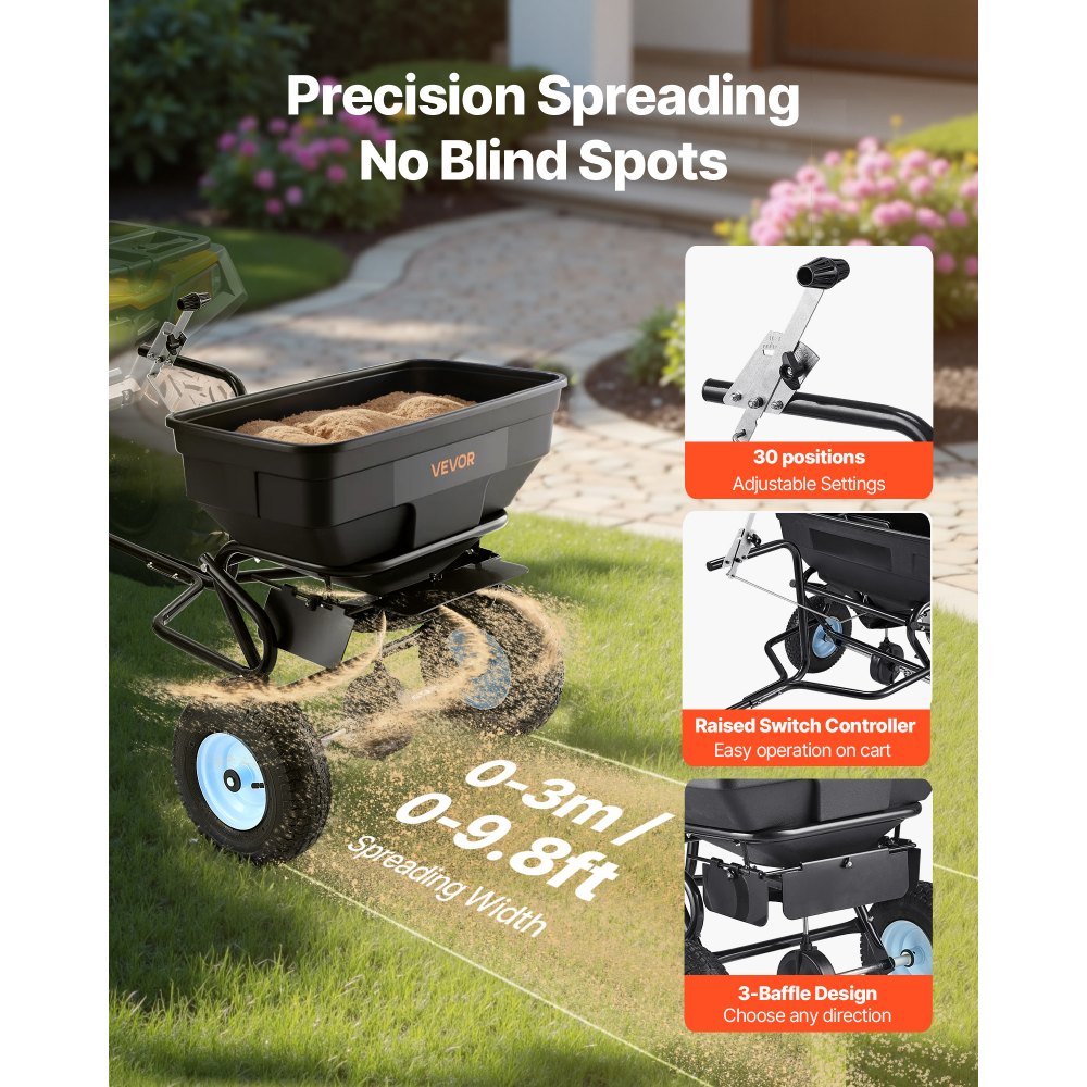 VEVOR Centrifugaalstrooier, getrokken strooier, 59 kg capaciteit, getrokken/geduwde tuinstrooier met 33 cm banden, 30 instelbare standen en 3 m strooibreedte, strooiwagen voor zaden, kunstmest en zout