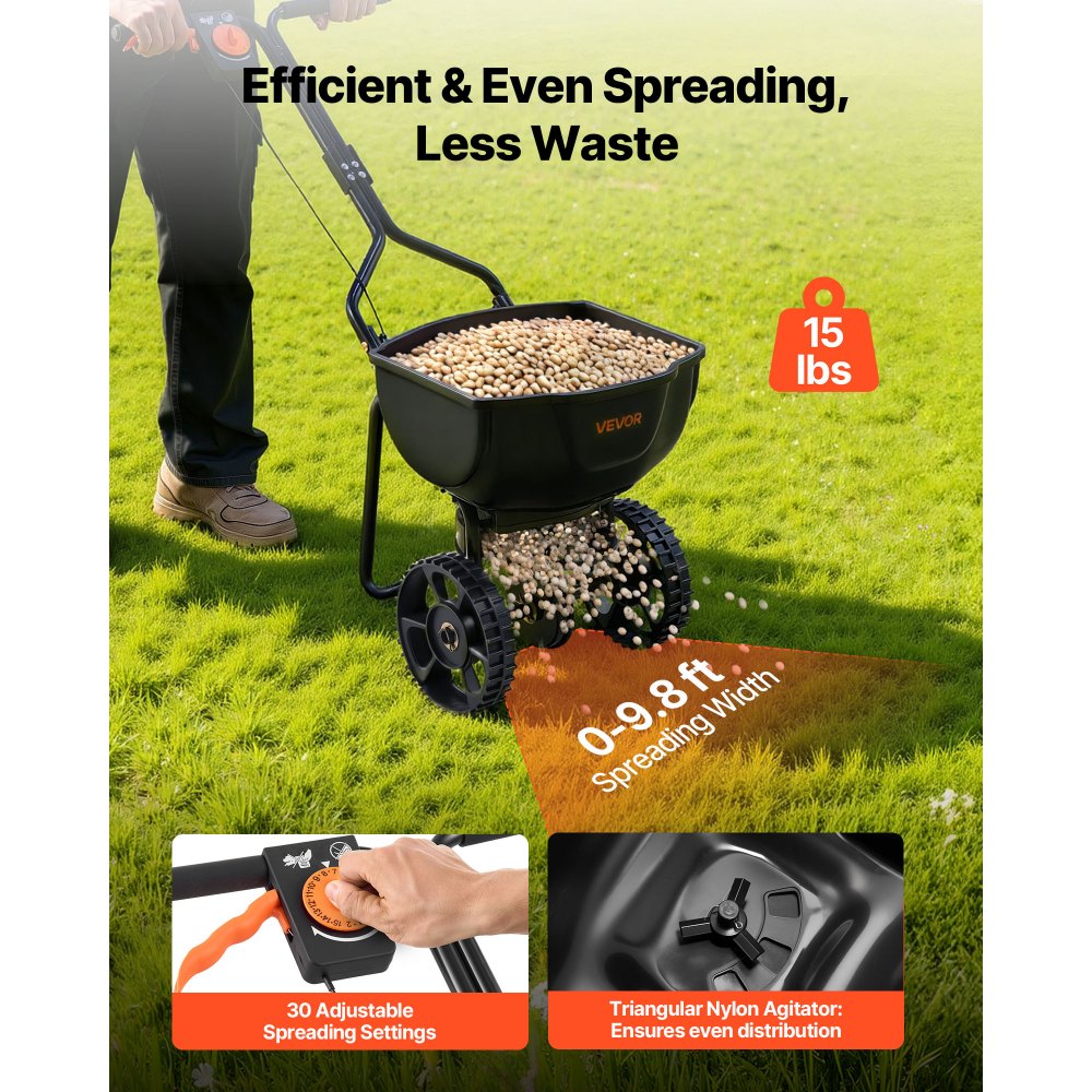 VEVOR strooier met een capaciteit van 6,8 kg, kunstmeststrooier met een strooibreedte van 3 m, roterende strooier met 25,4 cm banden, instelbare strooisnelheid, door de overheid geproduceerde strooier voor kunstmest en zaad in de moestuin.