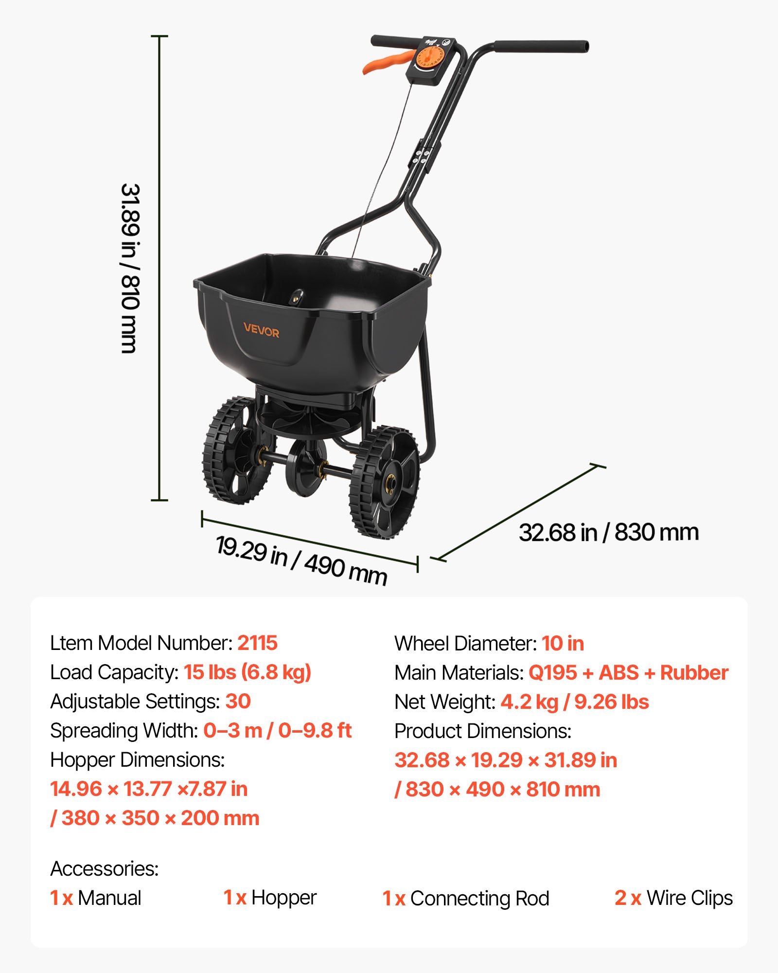 VEVOR strooier met een capaciteit van 6,8 kg, kunstmeststrooier met een strooibreedte van 3 m, roterende strooier met 25,4 cm banden, instelbare strooisnelheid, door de overheid geproduceerde strooier voor kunstmest en zaad in de moestuin.