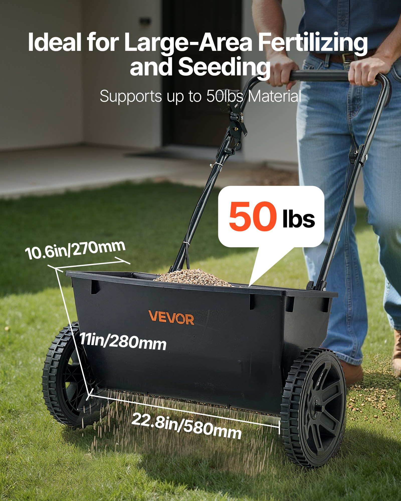VEVOR Lawn Drop Spreader, 50LBS Capacity, Walk-Behind Push Spreader, 18 in Spreading Width, 8 in All Terrain Pneumatic Tires, Lawn Spreaders with Hopper Grate, for Seed, Fertilizer, Salt, Ice Melt