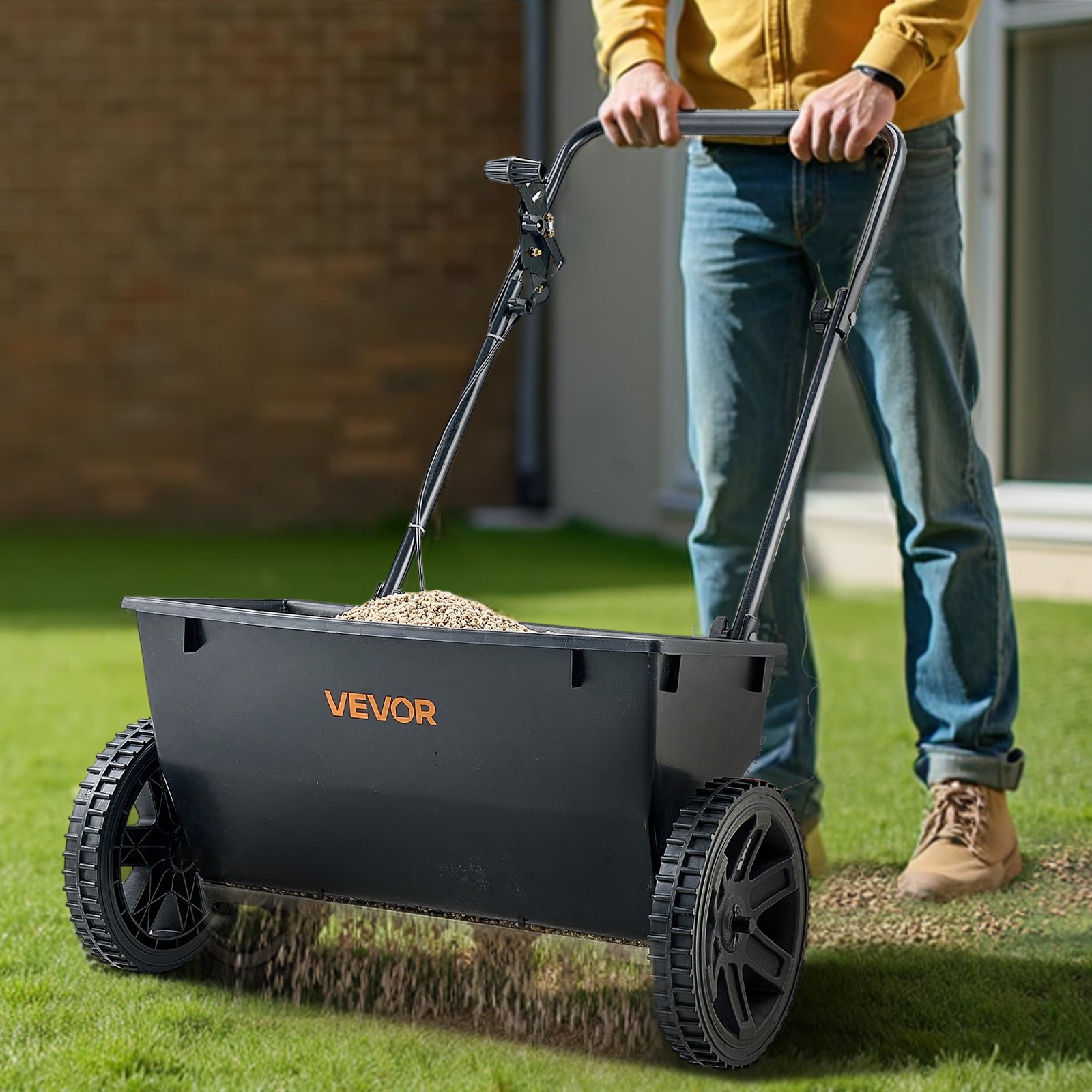 VEVOR Lawn Drop Spreader, 50LBS Capacity, Walk-Behind Push Spreader, 18 in Spreading Width, 8 in All Terrain Pneumatic Tires, Lawn Spreaders with Hopper Grate, for Seed, Fertilizer, Salt, Ice Melt