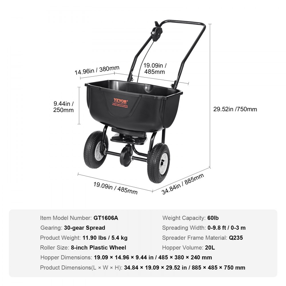 VEVOR Spreader 20L Zaadstrooier 885x485x750mm Kunstmeststrooier 0-3m Strooibreedte Centrifugaalstrooier Draagvermogen 27kg Handstrooier Strooier Handkar Q235 Frame Kunststof Wiel Zoutstrooier