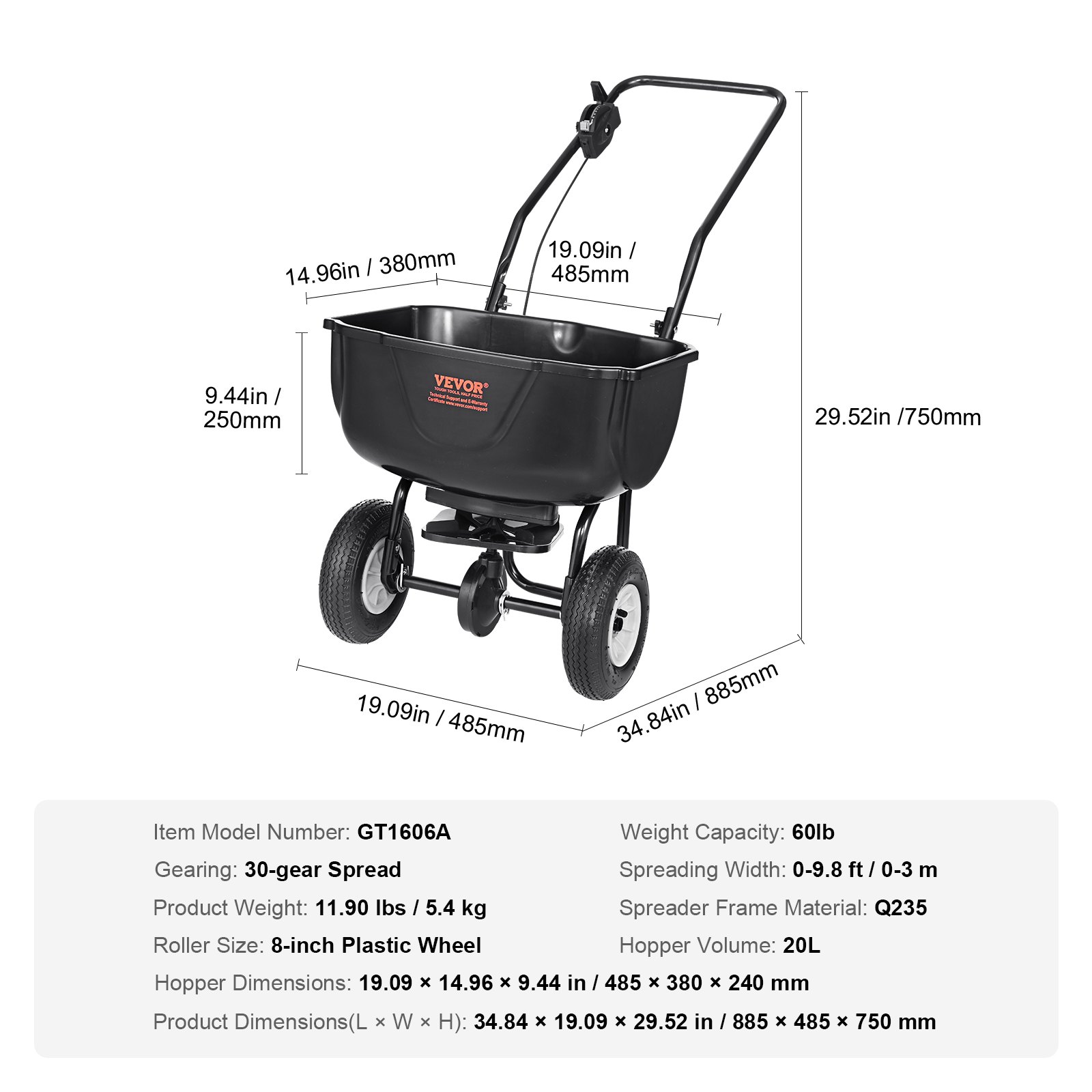 VEVOR Spreader 20L Zaadstrooier 885x485x750mm Kunstmeststrooier 0-3m Strooibreedte Centrifugaalstrooier Draagvermogen 27kg Handstrooier Strooier Handkar Q235 Frame Kunststof Wiel Zoutstrooier
