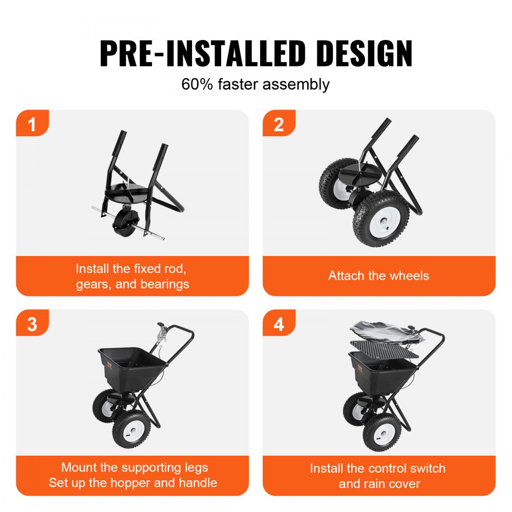 VEVOR 36,29 kg kunstmeststrooier, zaadstrooier met 12 inch wielen, stalen spikes, beluchter, kunstmeststrooier, tuinzaaimachine en zoutstrooier, voor woongebouwen, boerderijen, moeilijk terrein, zwart