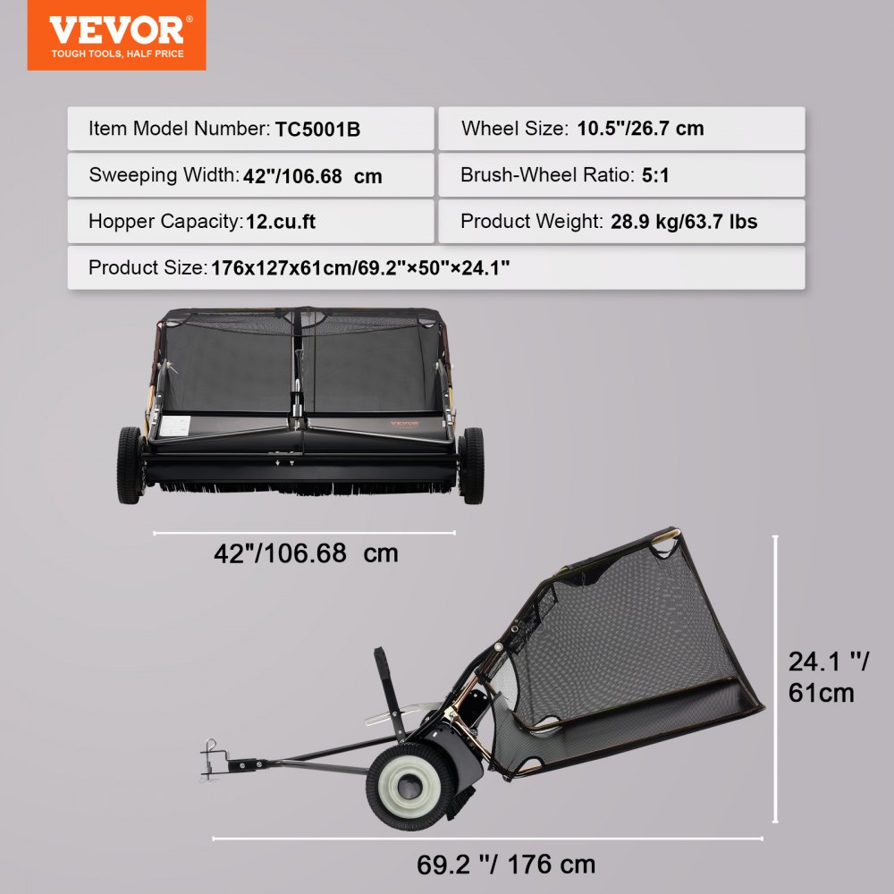VEVOR 42-inch Lawn Sweeper Tow Behind, 12 cu.ft. Large Pull Behind Grass Sweeper, Heavy Duty Leaf & Grass Collector with Dumping Rope Design, Adjustable Sweeping Height for Picking Up Debris & Grass