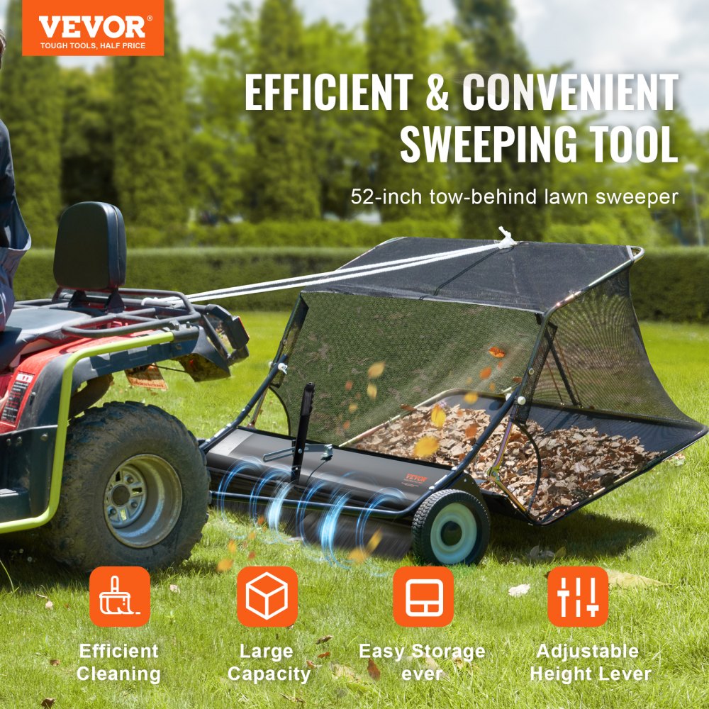 VEVOR 52-inch Lawn Sweeper Tow Behind, 26 cu.ft. Large Pull Behind Grass Sweeper, Heavy Duty Leaf & Grass Collector with Dumping Rope Design, Adjustable Sweeping Height for Picking Up Debris & Grass