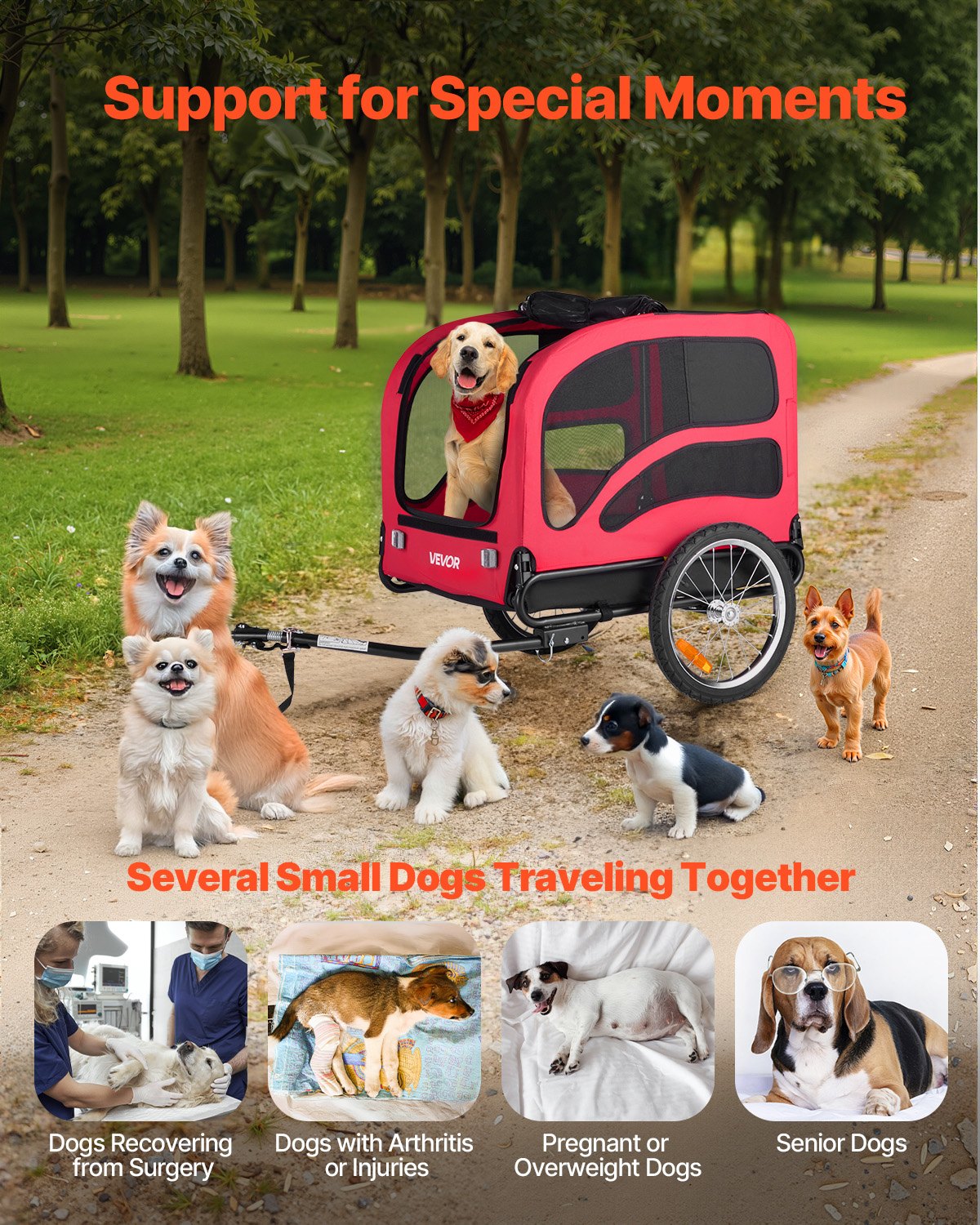 VEVOR hondenkar, tot 45 kg, dierenkar/fietsdrager voor kleine en grote honden, opvouwbaar frame met wielen, universele fietskoppeling, incl. vlag, interne riem, 1350x720x840 mm