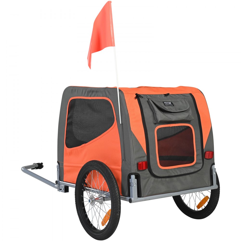 VEVOR Dog Bike Trailer, Supports up to 66 lbs, Pet Cart Bicycle Carrier, Easy Folding Frame with Quick Release Wheels, Universal Bicycle Coupler, Reflectors, Flag, Collapsible to Store, Orange/Gray