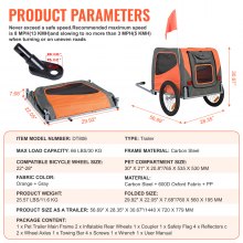 VEVOR Hondenkar 30 kg Fietskar Koolstofstaal + 600D Oxford-stof + PP Opvouwbaar 1440 x 720 x 779 mm als aanhanger Opgevouwen Afmeting 760 x 560 x 195 mm Hondenbuggy Joggeraanhanger Oranje en grijs