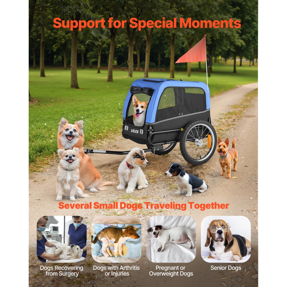 VEVOR hondenaanhanger, geschikt voor honden tot 30 kg, fietsaanhanger voor kleine en middelgrote honden, opvouwbaar frame met snelkoppeling voor het wiel, universele fietskoppeling, reflector, vlag, interne riem.