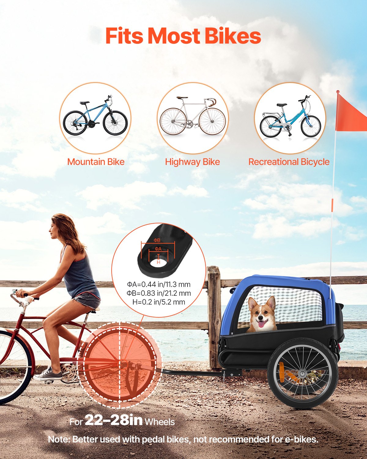 VEVOR hondenaanhanger, geschikt voor honden tot 30 kg, fietsaanhanger voor kleine en middelgrote honden, opvouwbaar frame met snelkoppeling voor het wiel, universele fietskoppeling, reflector, vlag, interne riem.