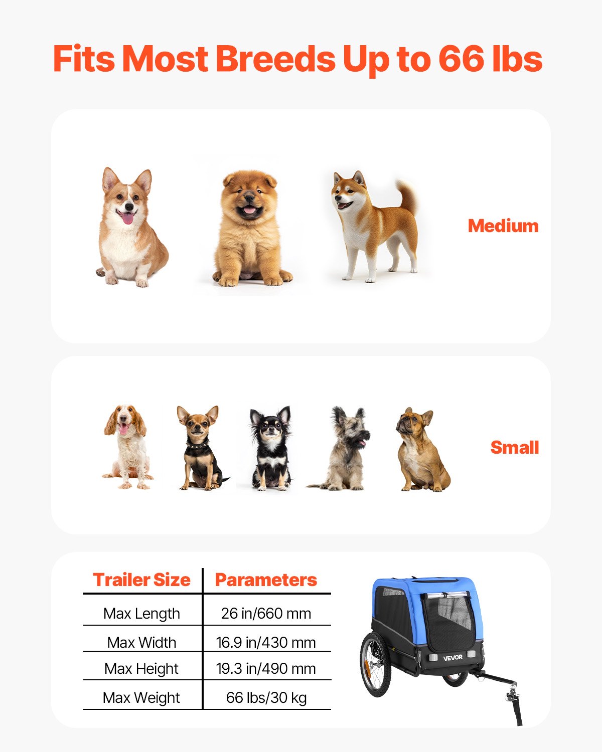 VEVOR hondenaanhanger, geschikt voor honden tot 30 kg, fietsaanhanger voor kleine en middelgrote honden, opvouwbaar frame met snelkoppeling voor het wiel, universele fietskoppeling, reflector, vlag, interne riem.