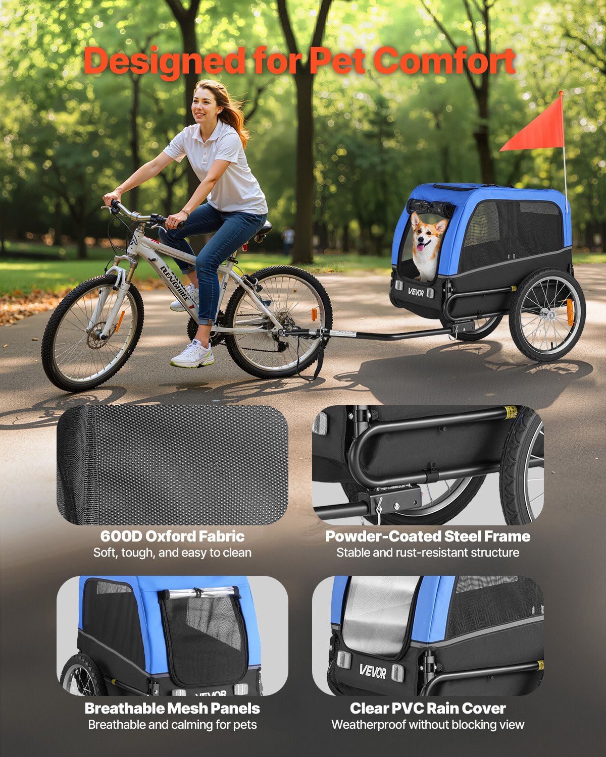 VEVOR hondenaanhanger, geschikt voor honden tot 30 kg, fietsaanhanger voor kleine en middelgrote honden, opvouwbaar frame met snelkoppeling voor het wiel, universele fietskoppeling, reflector, vlag, interne riem.
