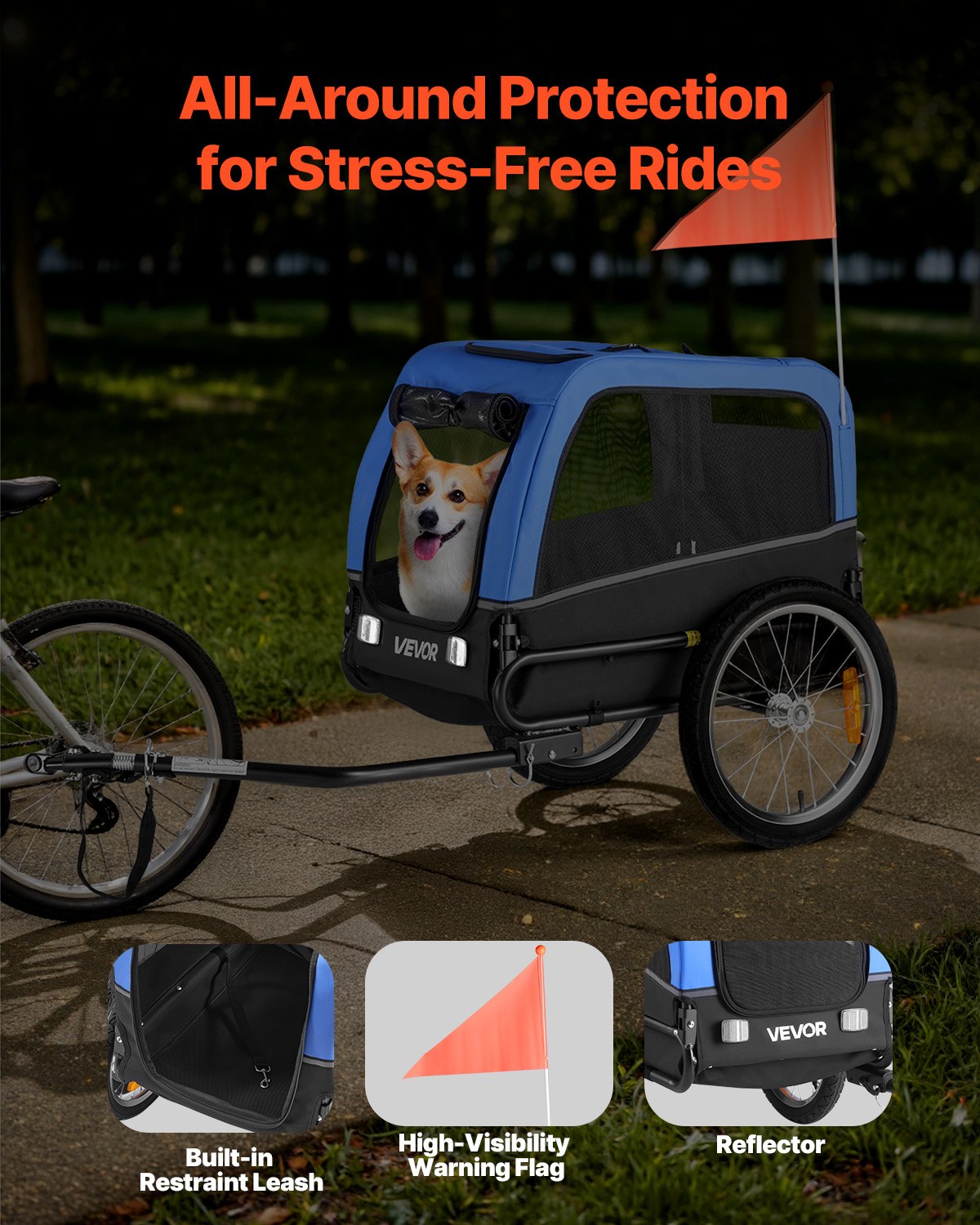 VEVOR hondenaanhanger, geschikt voor honden tot 30 kg, fietsaanhanger voor kleine en middelgrote honden, opvouwbaar frame met snelkoppeling voor het wiel, universele fietskoppeling, reflector, vlag, interne riem.