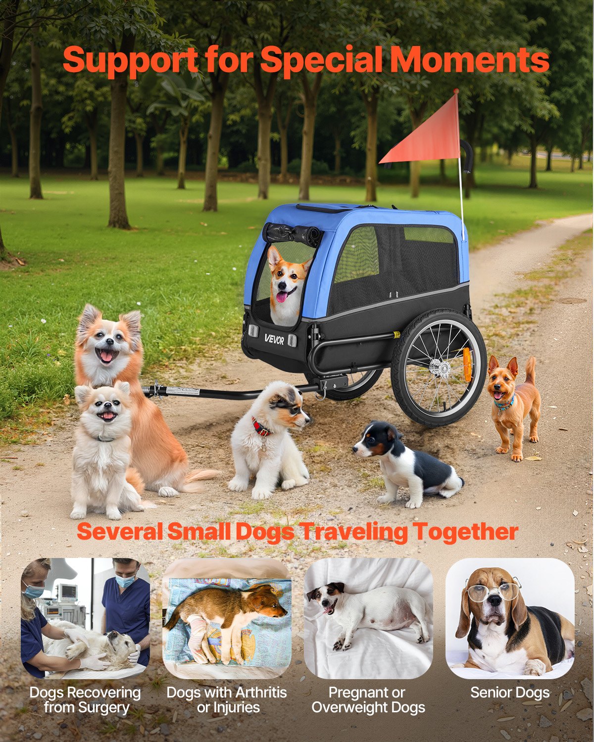 VEVOR hondenaanhanger, geschikt voor honden tot 30 kg, fietsaanhanger voor kleine en middelgrote honden, opvouwbaar frame met snelkoppeling voor het wiel, universele fietskoppeling, reflector, vlag, interne riem.