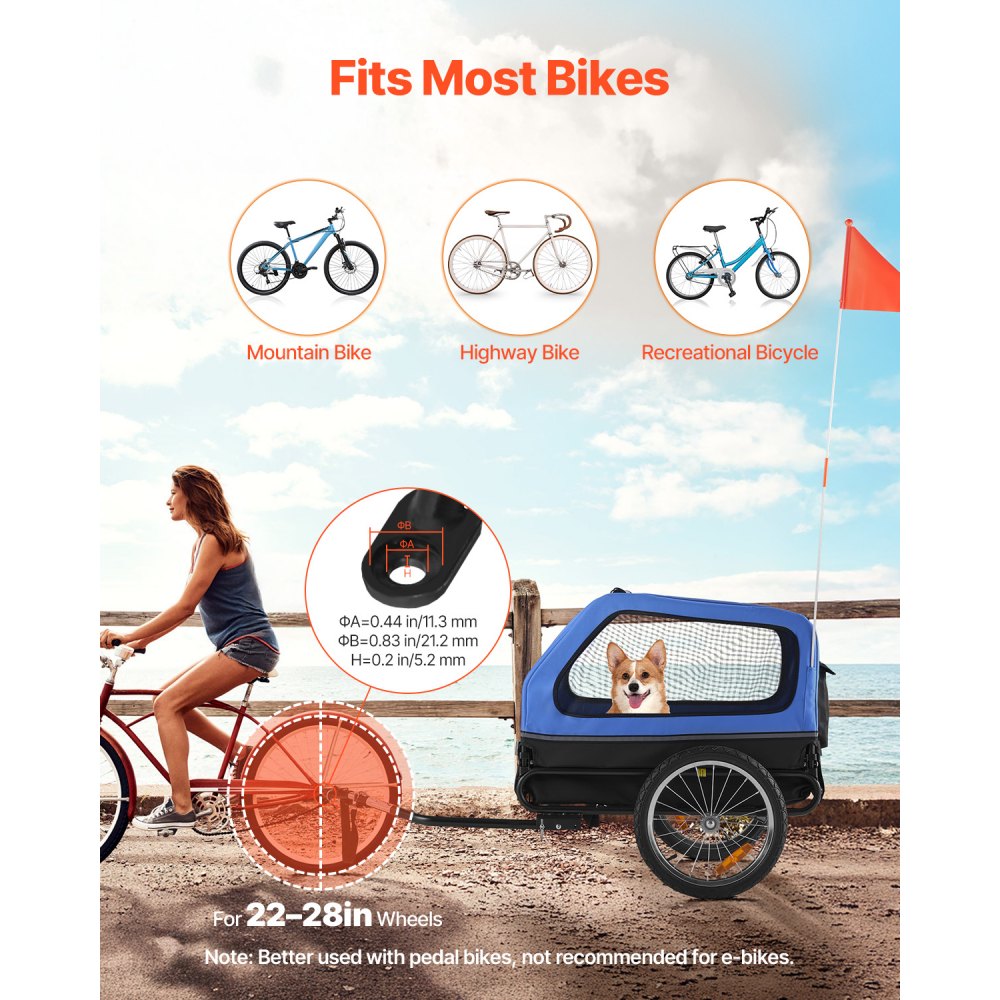 VEVOR Hondenkar, tot 40 kg, Fietskar voor kleine en grote honden, Opvouwbaar frame met wielen, Universele fietskoppeling, Vlag, Interne riem, 1320 x 715 x 750 mm