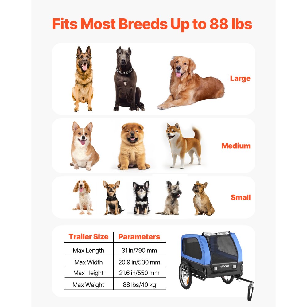 VEVOR Hondenkar, tot 40 kg, Fietskar voor kleine en grote honden, Opvouwbaar frame met wielen, Universele fietskoppeling, Vlag, Interne riem, 1320 x 715 x 750 mm