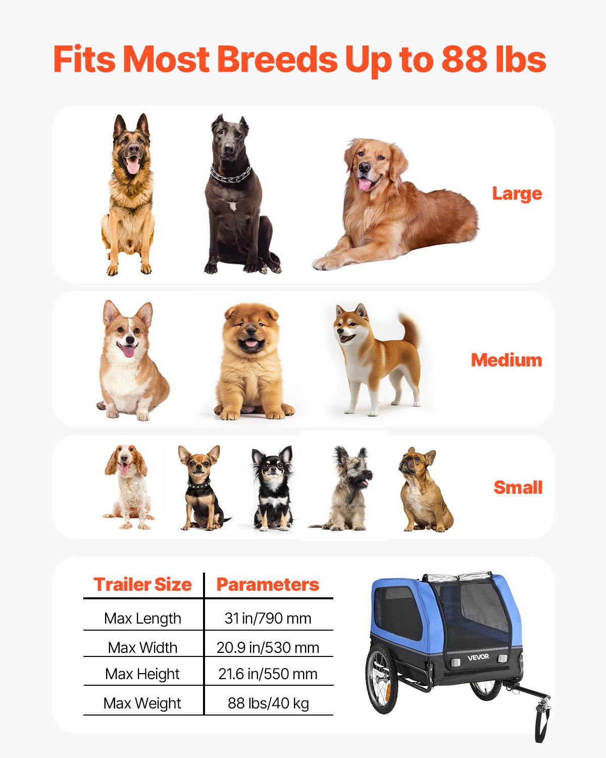 VEVOR Hondenkar, tot 40 kg, Fietskar voor kleine en grote honden, Opvouwbaar frame met wielen, Universele fietskoppeling, Vlag, Interne riem, 1320 x 715 x 750 mm