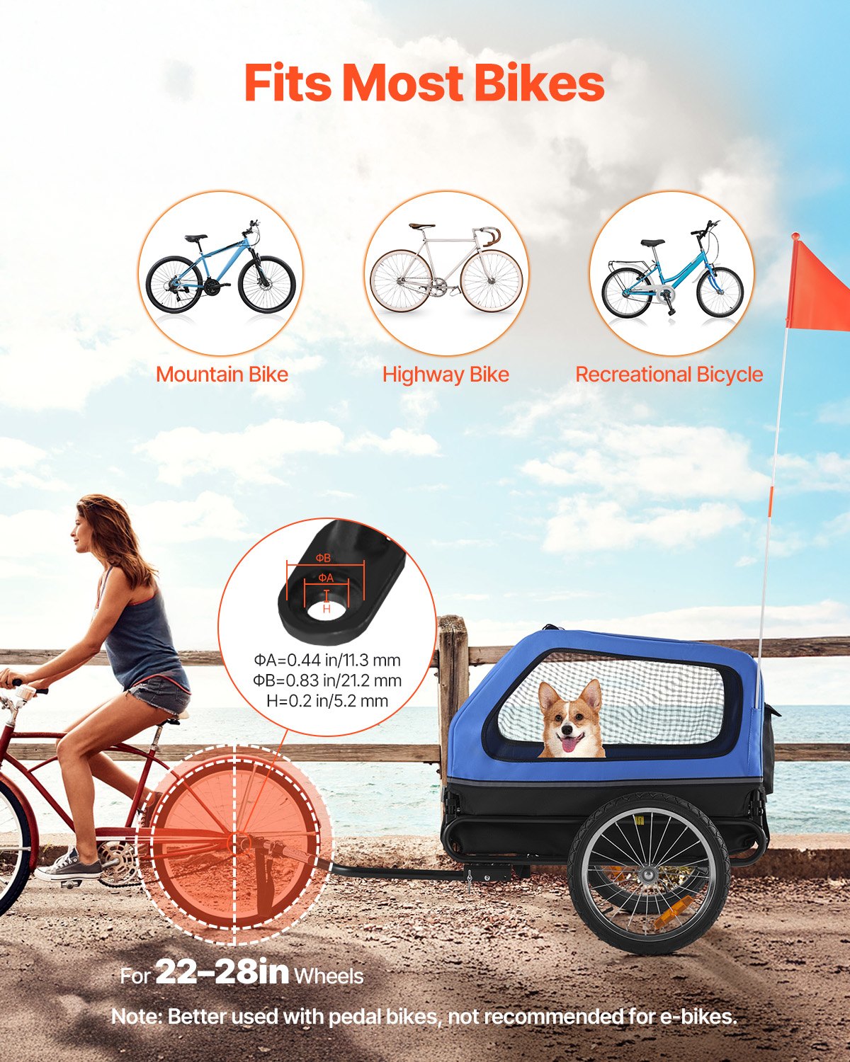 VEVOR hondenaanhanger, tot 40 kg, fietsaanhanger voor kleine en grote honden, opvouwbaar frame met wielen, universele fietskoppeling, vlag, interne riem, 1320x715x750 mm
