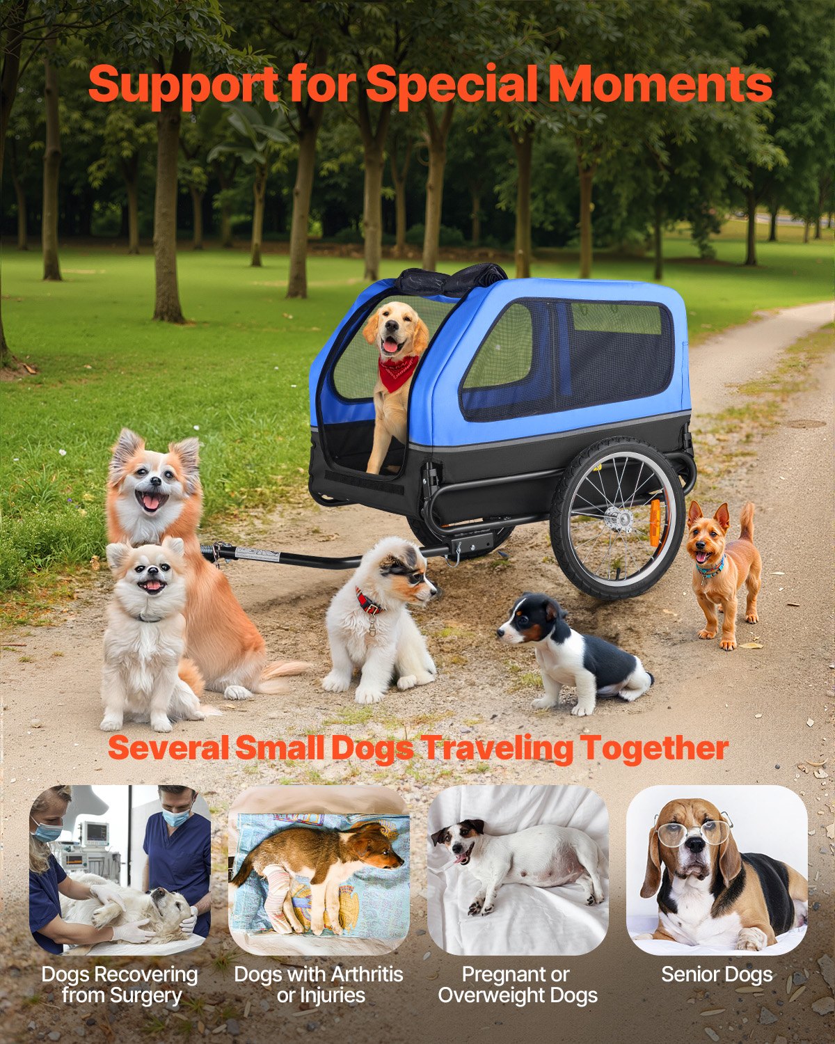 VEVOR hondenaanhanger, tot 40 kg, fietsaanhanger voor kleine en grote honden, opvouwbaar frame met wielen, universele fietskoppeling, vlag, interne riem, 1320x715x750 mm