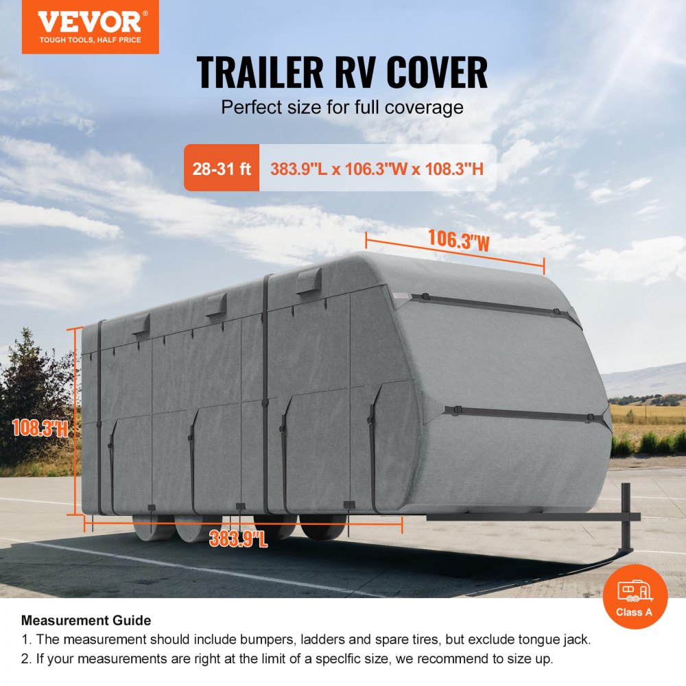 VEVOR Travel Trailer Cover, 28-31 ft RV Cover, Top 300D Oxford Fabric Camper Cover, Waterproof, Windproof and Rip-Stop Class A RV Cover, with Storage Bag, Repair Patches, Straps and Tire Covers