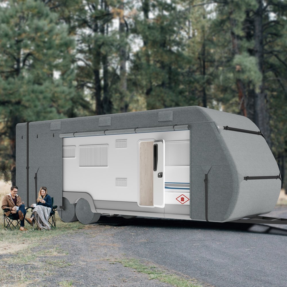 VEVOR Travel Trailer Cover, 28-31 ft RV Cover, Top 300D Oxford Fabric Camper Cover, Waterproof, Windproof and Rip-Stop Class A RV Cover, with Storage Bag, Repair Patches, Straps and Tire Covers