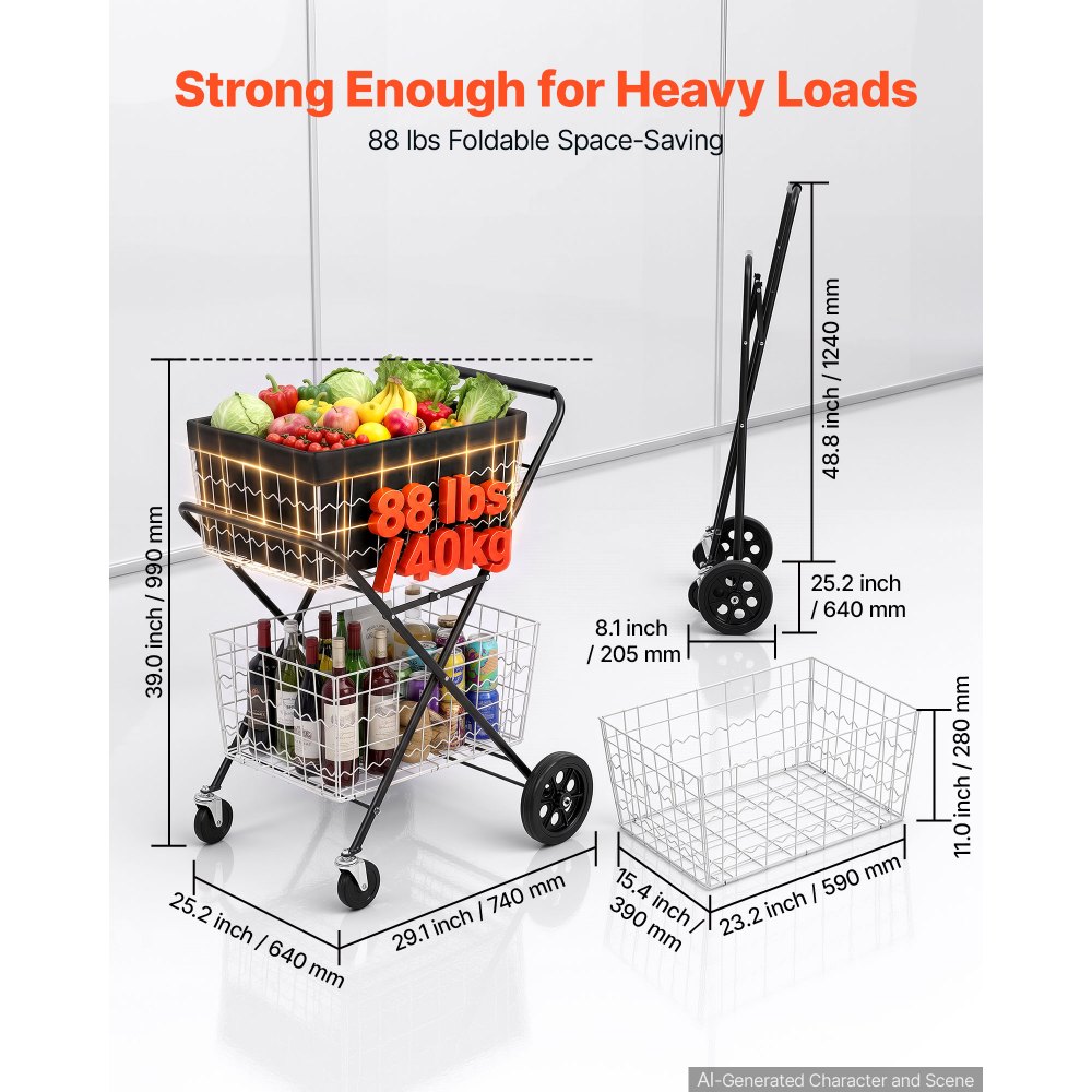 VEVOR 2-laags boodschappenwagen, opvouwbaar, draagvermogen 40 kg, stalen frame, inhoud 64 liter, met 2 uitneembare manden en 4 wielen, 2-in-1 transportwagen voor huishouden, supermarkt en magazijn.