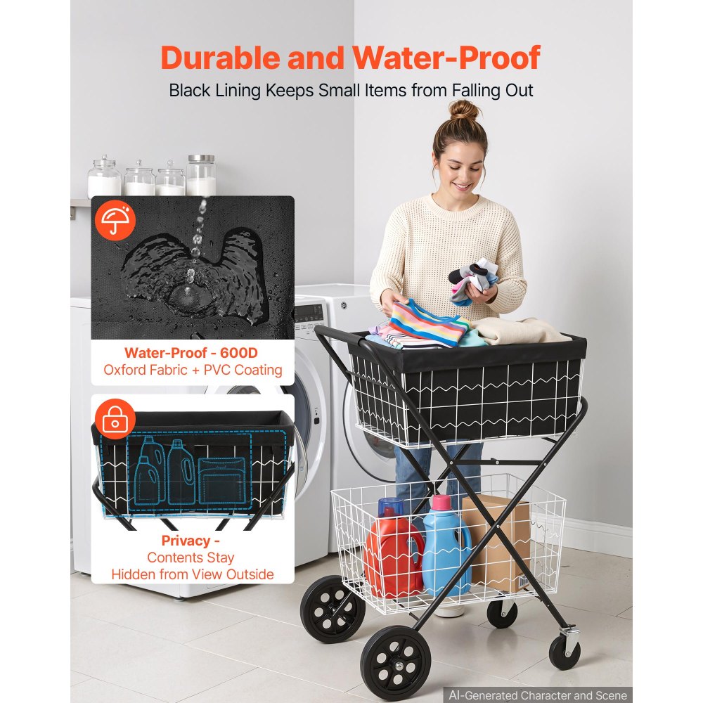VEVOR 2-laags boodschappenwagen, opvouwbaar, draagvermogen 40 kg, stalen frame, inhoud 64 liter, met 2 uitneembare manden en 4 wielen, 2-in-1 transportwagen voor huishouden, supermarkt en magazijn.
