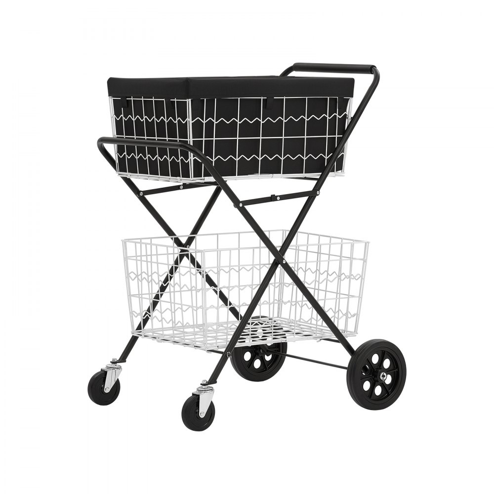 VEVOR 2-laags boodschappenwagen, opvouwbaar, draagvermogen 40 kg, stalen frame, inhoud 64 liter, met 2 uitneembare manden en 4 wielen, 2-in-1 transportwagen voor huishouden, supermarkt en magazijn.