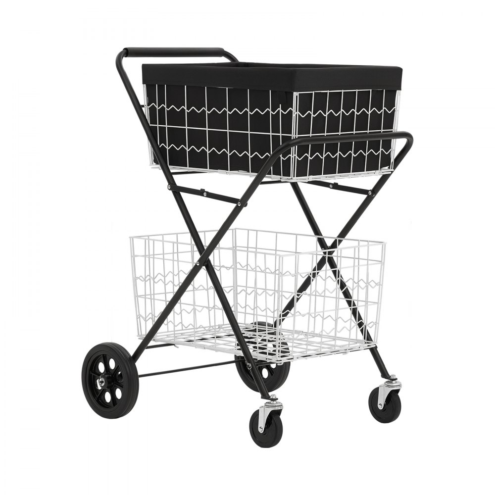 VEVOR 2-laags boodschappenwagen, opvouwbaar, draagvermogen 40 kg, stalen frame, inhoud 64 liter, met 2 uitneembare manden en 4 wielen, 2-in-1 transportwagen voor huishouden, supermarkt en magazijn.