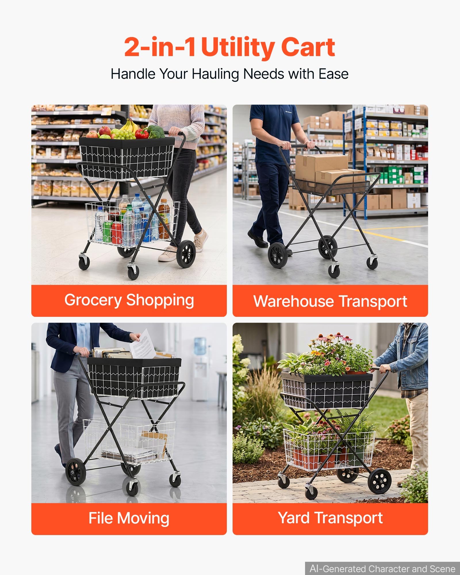 VEVOR 2-laags boodschappenwagen, opvouwbaar, draagvermogen 40 kg, stalen frame, inhoud 64 liter, met 2 uitneembare manden en 4 wielen, 2-in-1 transportwagen voor huishouden, supermarkt en magazijn.