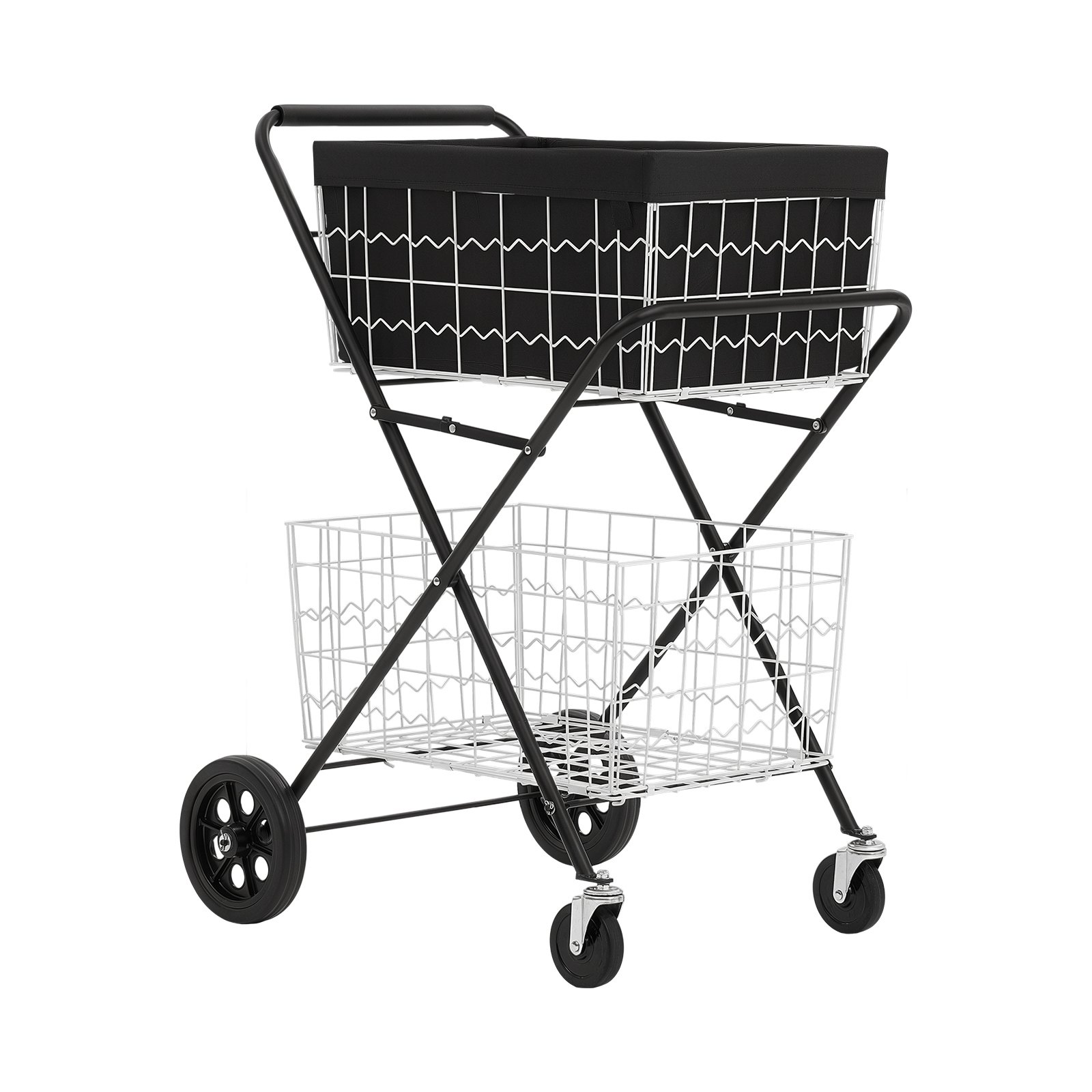 VEVOR 2-laags boodschappenwagen, opvouwbaar, draagvermogen 40 kg, stalen frame, inhoud 64 liter, met 2 uitneembare manden en 4 wielen, 2-in-1 transportwagen voor huishouden, supermarkt en magazijn.