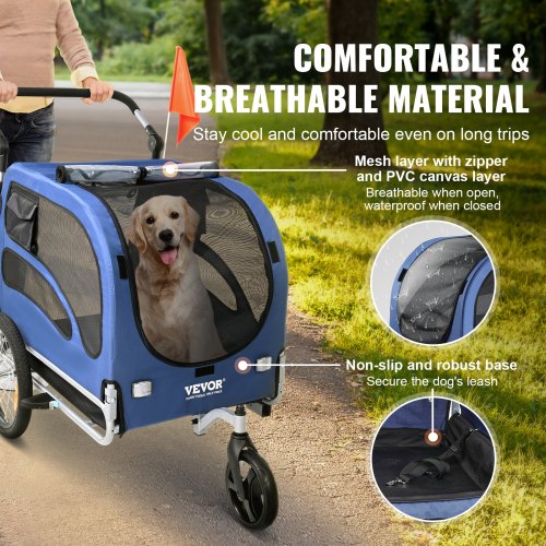 Hondenkar 45 kg 2-in-1 Fietskar Koolstofstaal 600D Oxford-stof PP Opvouwbaar 1440 x 725 x 845 mm als aanhanger 1320 x 725 x 920 mm als kinderwagen Hondenbuggy Jogger Trailer Blauw | NL
