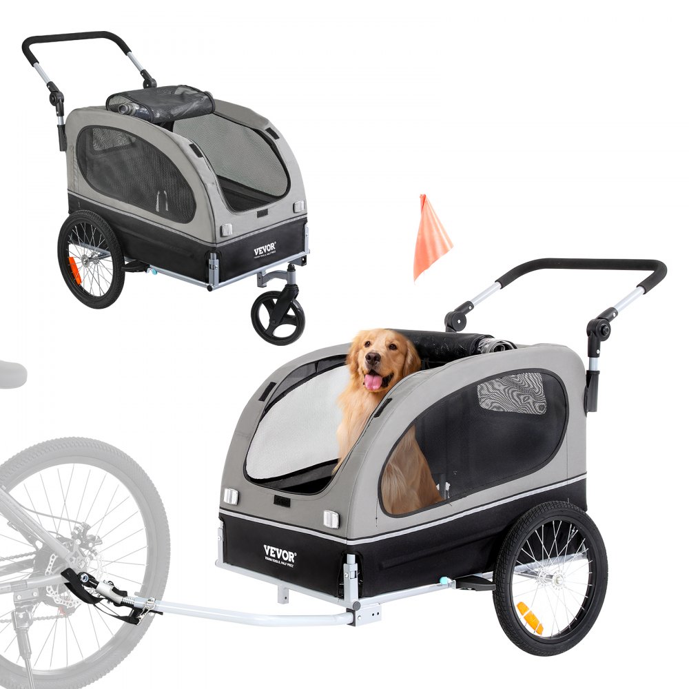 VEVOR dog bike trailer with mesh windows, comfortable interior, and attachable to a bicycle for pet transport.