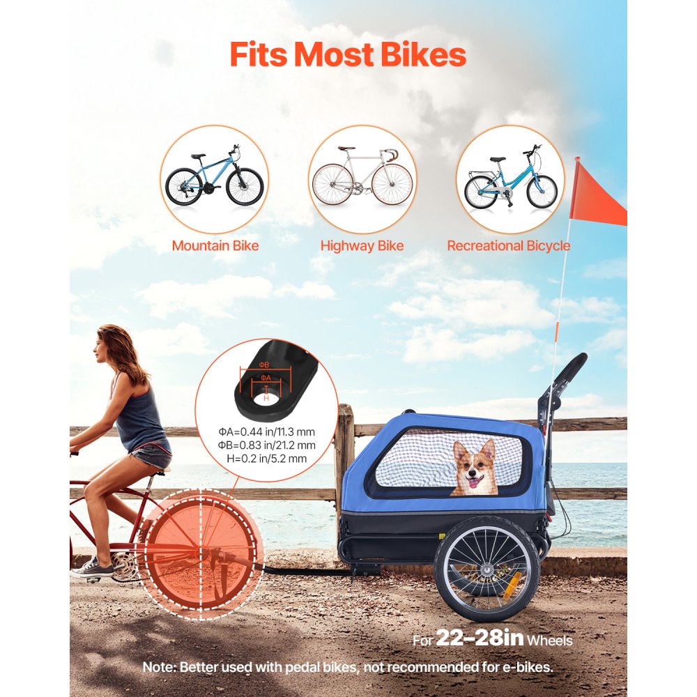 VEVOR hondenaanhanger, tot 40 kg, 2-in-1 fietsaanhanger voor kleine en grote honden, opvouwbaar frame met wielen, universele fietskoppeling, incl. vlag, interne riem, 1380x755x800 mm