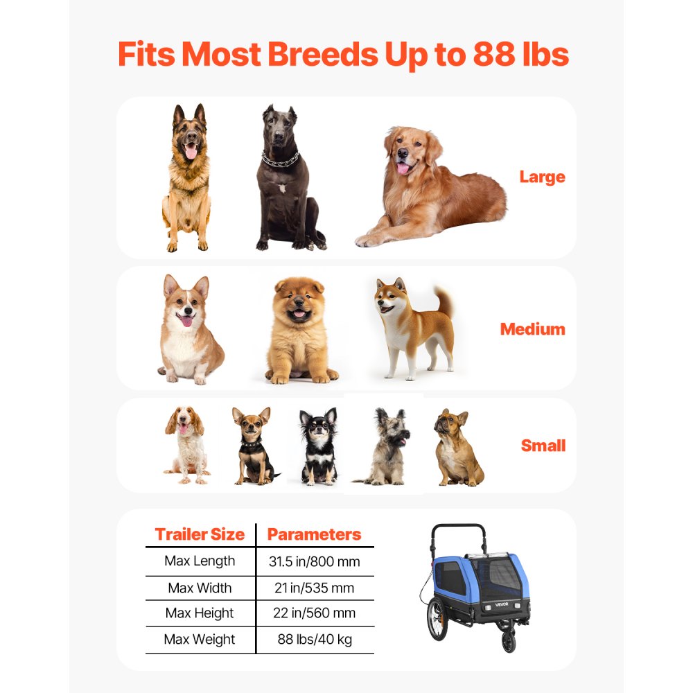 VEVOR hondenaanhanger, tot 40 kg, 2-in-1 fietsaanhanger voor kleine en grote honden, opvouwbaar frame met wielen, universele fietskoppeling, incl. vlag, interne riem, 1380x755x800 mm