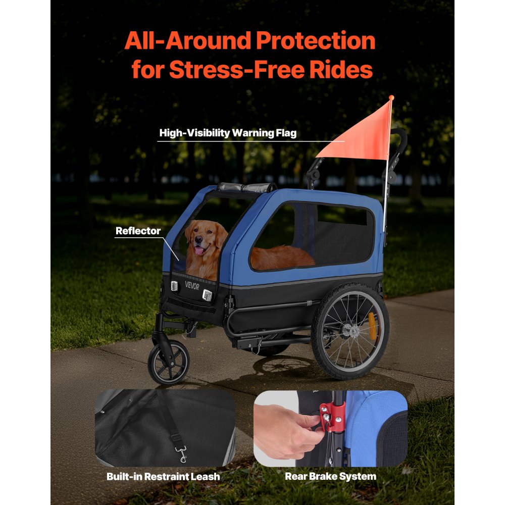 VEVOR hondenaanhanger, tot 40 kg, 2-in-1 fietsaanhanger voor kleine en grote honden, opvouwbaar frame met wielen, universele fietskoppeling, incl. vlag, interne riem, 1380x755x800 mm