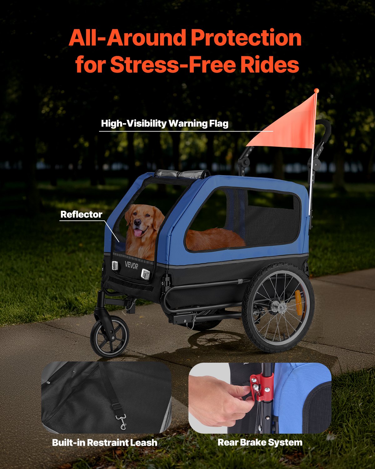 VEVOR hondenaanhanger, tot 40 kg, 2-in-1 fietsaanhanger voor kleine en grote honden, opvouwbaar frame met wielen, universele fietskoppeling, incl. vlag, interne riem, 1380x755x800 mm