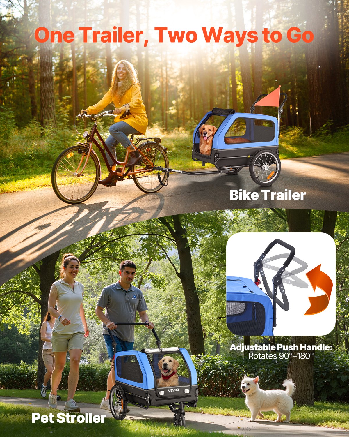 VEVOR hondenaanhanger, tot 40 kg, 2-in-1 fietsaanhanger voor kleine en grote honden, opvouwbaar frame met wielen, universele fietskoppeling, incl. vlag, interne riem, 1380x755x800 mm