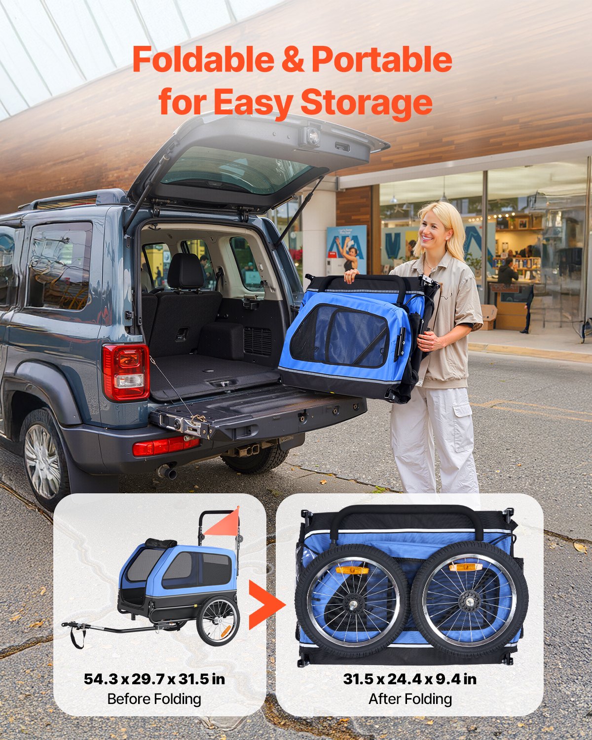 VEVOR hondenaanhanger, tot 40 kg, 2-in-1 fietsaanhanger voor kleine en grote honden, opvouwbaar frame met wielen, universele fietskoppeling, incl. vlag, interne riem, 1380x755x800 mm
