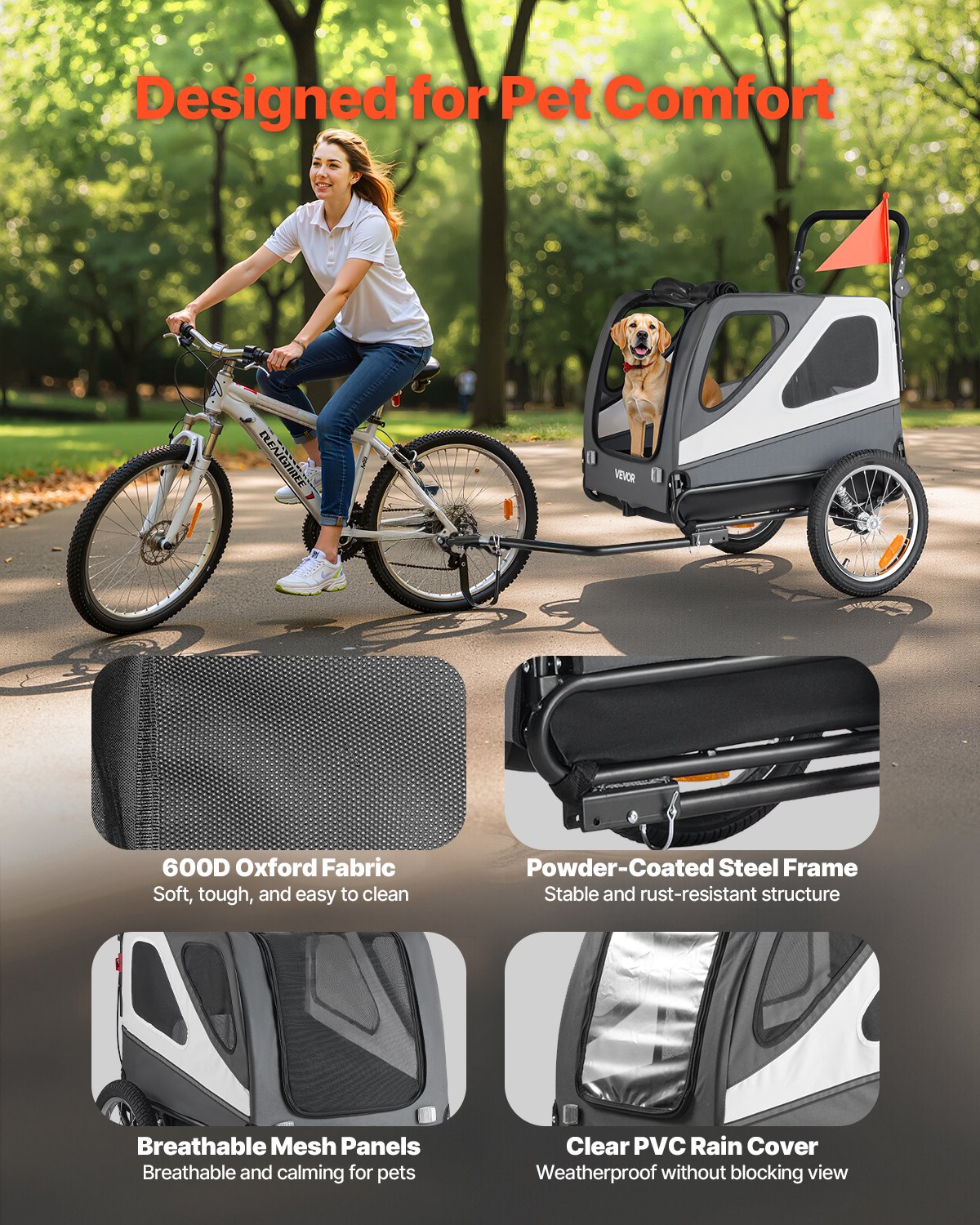 VEVOR Dog Bike Trailer, Supports up to 100 lbs, 2-in-1 Pet Stroller Cart Bicycle Carrier for Small & Large Dogs, Easy Folding Frame with Quick Release Wheel, Universal Bicycle Coupler, Internal Leash
