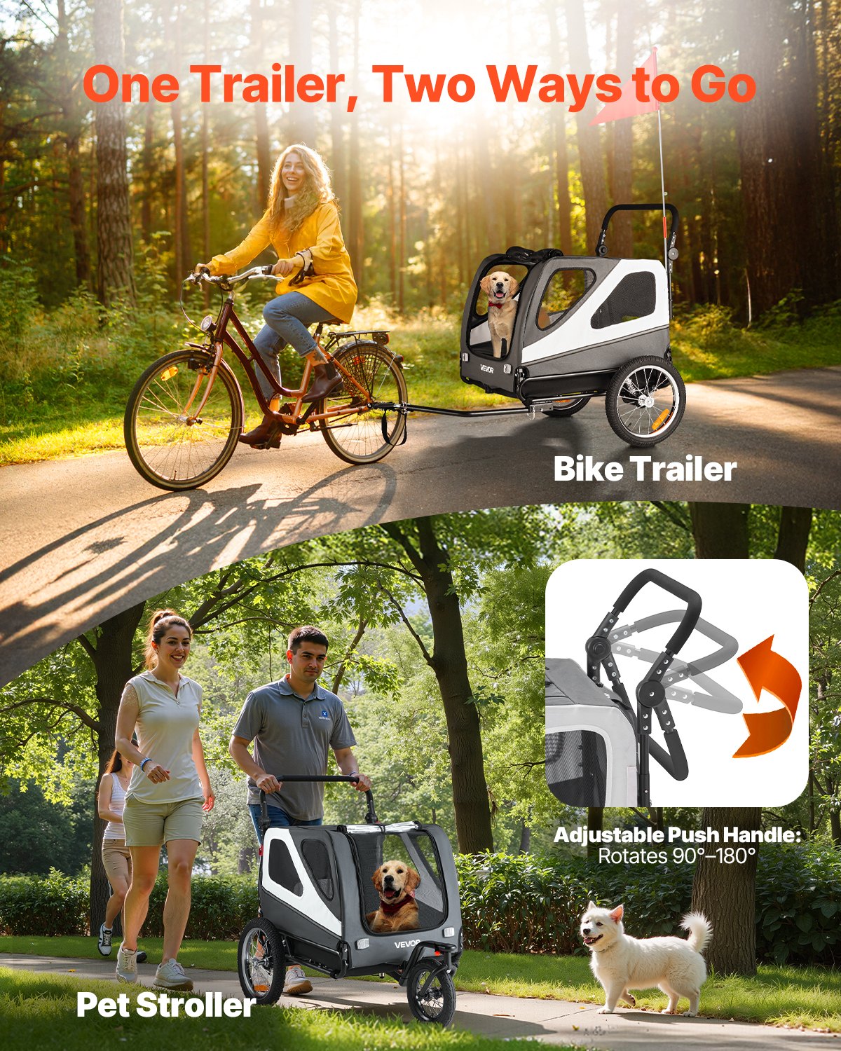 VEVOR Dog Bike Trailer, Supports up to 100 lbs, 2-in-1 Pet Stroller Cart Bicycle Carrier for Small & Large Dogs, Easy Folding Frame with Quick Release Wheel, Universal Bicycle Coupler, Internal Leash