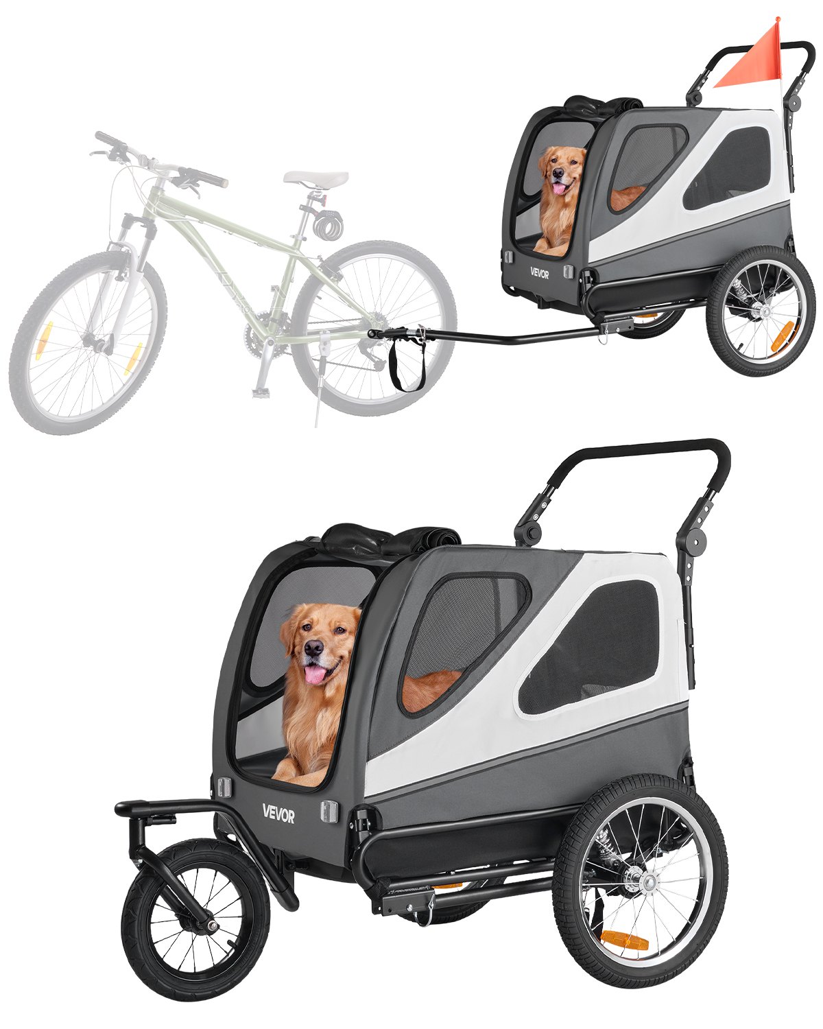 VEVOR Dog Bike Trailer, Supports up to 100 lbs, 2-in-1 Pet Stroller Cart Bicycle Carrier for Small & Large Dogs, Easy Folding Frame with Quick Release Wheel, Universal Bicycle Coupler, Internal Leash