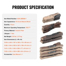 VEVOR Set van 10 stuks Keramisch hout Decoratief hout van keramische vezels Decoratief brandhout Maximale bedrijfstemperatuur bij 1000 ℃ Berkenhout Uiterlijk ca. 280-363 mm Lange keramische decoratieve houtblokken voor bio-ethanolkachels